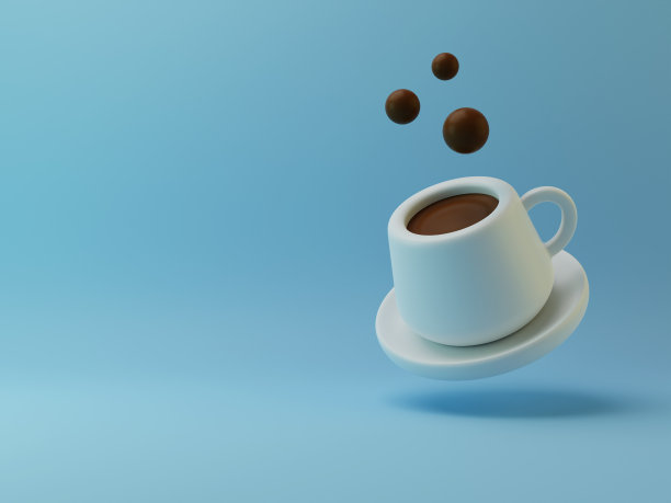 蓝色背景上的咖啡杯3D插图。可爱的插图与柔和的阴影。图片下载