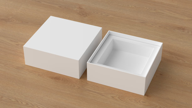方形开箱包装模型在木制背景。设计模板图片下载