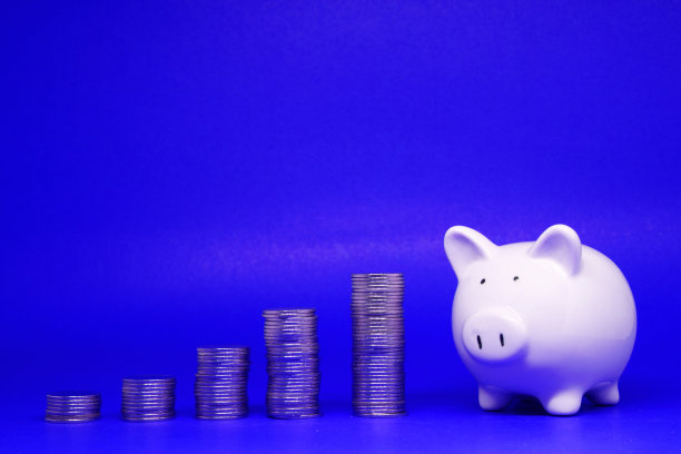 基金，投资，储蓄概念:白色的存钱罐和硬币在蓝色背景与文本信息复制空间-蓝色图案的银行和金融，贷款和利益的概念图片下载