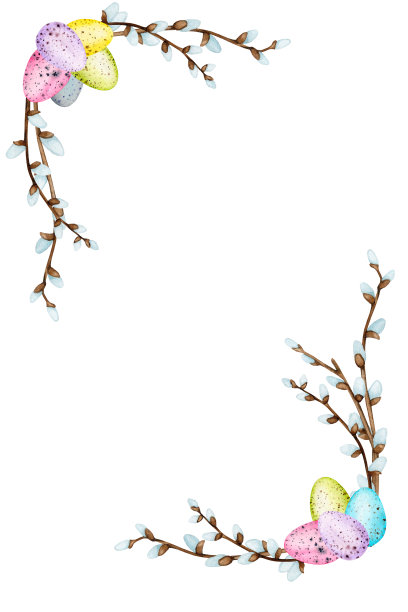 框架由柳枝与复活节装饰的彩色鸡蛋。自然的装饰。为贺卡、请柬和有文字空间的标签设计。图片下载