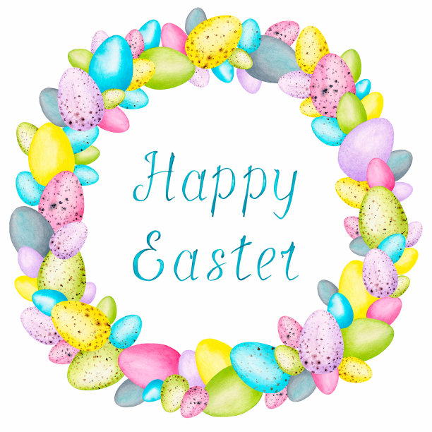 复活节花环的彩色鸡蛋与字母。手绘水彩画的节日设计卡片，海报，纺织品，剪贴簿，标签和更多。蓝色、粉色、紫色、黄色、浅绿色和蓝灰色的蛋。复活节的传统象征。图片下载