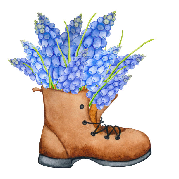 靴子上有春天的花朵。水彩画设计生日贺卡，妇女节，母亲节，邀请函，标签，标志，文具，海报等。图片下载