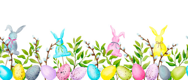 无缝水彩图案与复活节装饰上的黄色背景。水彩设计用于包装、包装、墙纸、织物、纺织品。图片下载