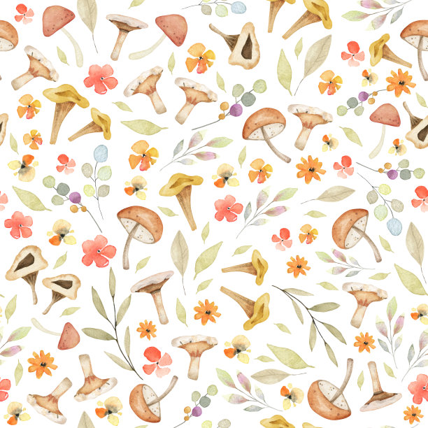 无缝图案与水彩蘑菇，花，叶和树枝图片下载