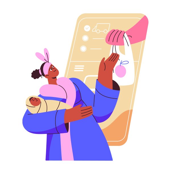 妈妈带着宝宝购物，网上购买商品，通过网上商店订购杂货，玩具，手机应用程序，送货服务。平面矢量插图孤立在白色背景上图片下载