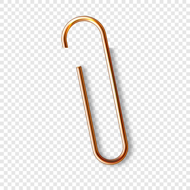 现实铜回形针附在纸孤立的白色背景。闪亮的金属回形针，页夹，活页夹。办公用品。矢量图图片下载