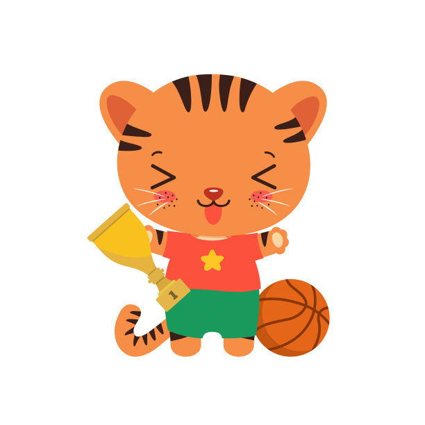 可爱的老虎运动员拿着获奖的运动杯。图片下载