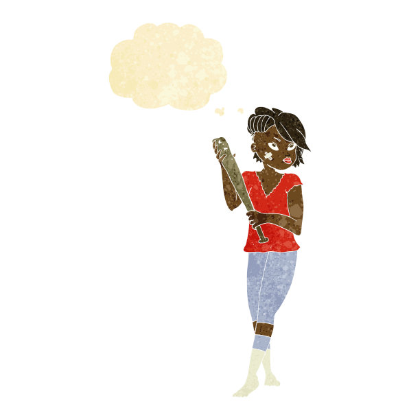 卡通漂亮的朋克女孩带着棒球棒和思想泡泡图片下载