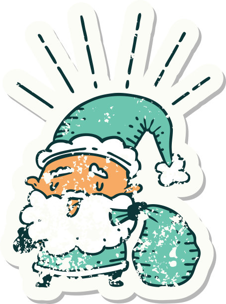 旧贴纸的纹身风格圣诞老人圣诞人物与麻袋图片下载