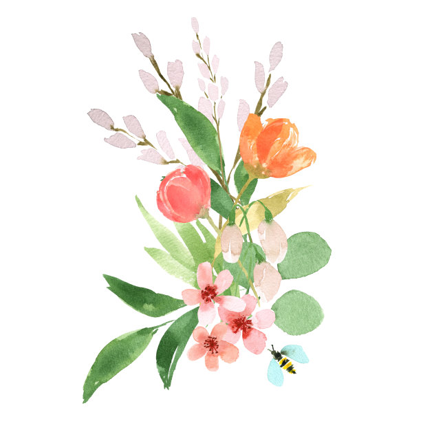 水彩花卉插图。充满活力的花香和春天的叶子。图片下载