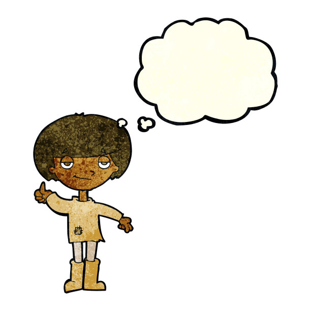 卡通男孩在贫穷的衣服给大拇指符号与思想泡泡图片下载