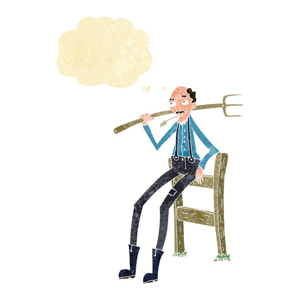 卡通老农靠在栅栏上的思想泡泡图片下载