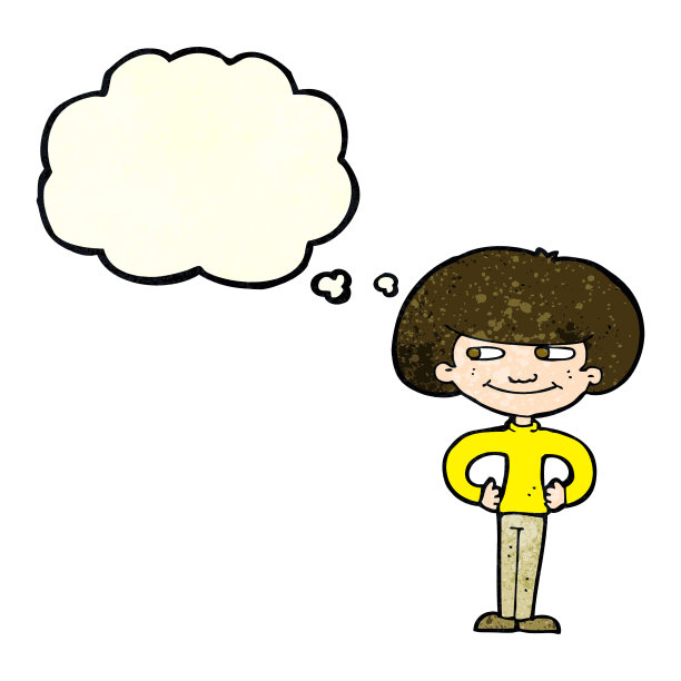 卡通男孩，手放在屁股上，有思想泡泡图片下载