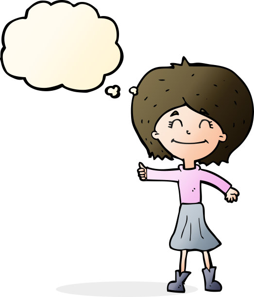 卡通快乐女孩竖起大拇指符号与思想泡泡图片下载