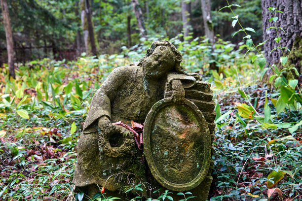 森林里一个废弃墓地里的墓碑雕塑图片下载