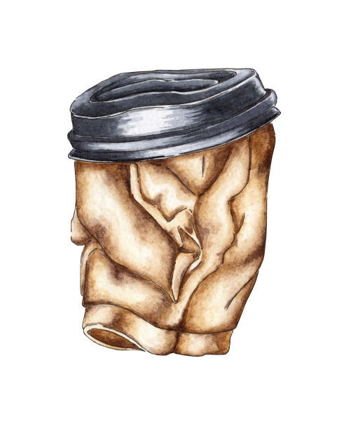 皱巴巴的咖啡杯水彩画图片下载