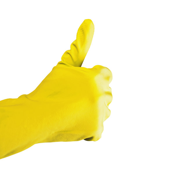 拇指向上的手势，手在黄色手套隔离在白色背景图片下载