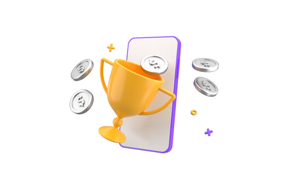 智能手机硬币和奖杯奖励。获奖概念孤立在白色背景。三维渲染图片下载