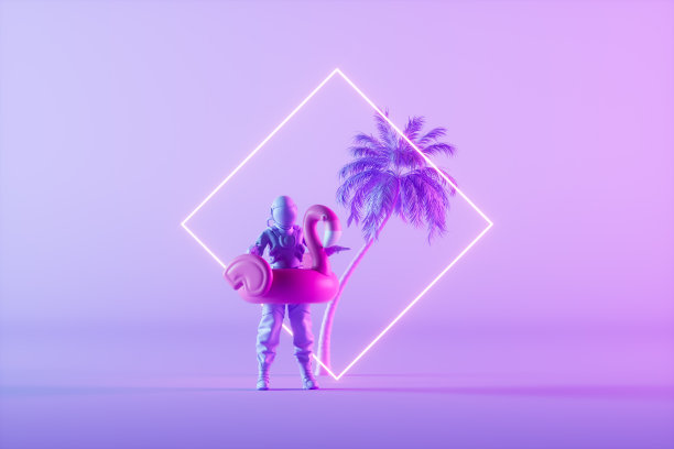 热带棕榈树和宇航员与火烈鸟霓虹灯背景，最小的夏天和旅行的概念图片下载