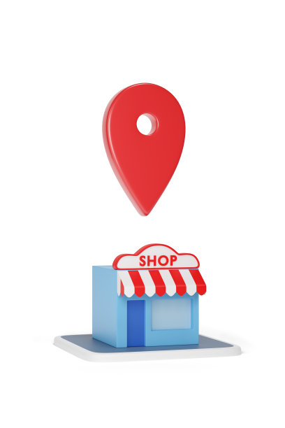 在白色背景上隔离的商店建筑上的地图指针。卡通风格。3 d演示。图片下载