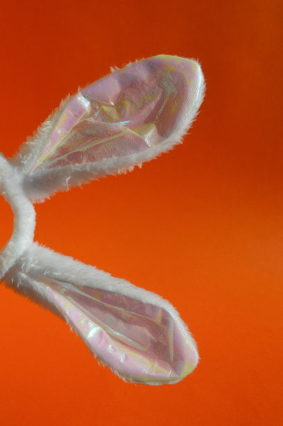 白色毛茸茸的兔子耳朵。背景为复活节快乐，春节假期图片下载