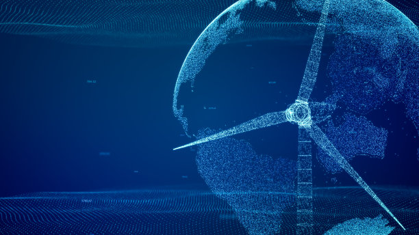 风力发电机生态电力技术概念与地球粒子，全球可再生能源产生的绿色替代电源，创新的风车背景3D插图图片下载