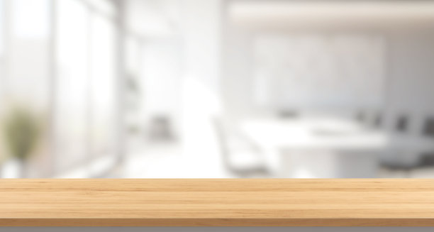 木质桌面与模糊干净的商务会议室，抽象模糊的现代办公室内背景，散焦的共同工作空间与空间的展示设计3D渲染图片下载