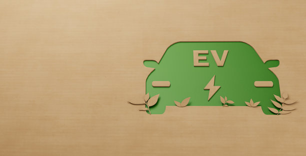 汽车图标纸板与装饰剪纸植物内生长，新的生态友好和可再生动力电动汽车概念，绿色能源交通行业未来3D插图剪纸图片下载