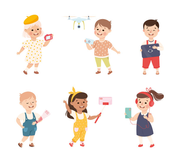 可爱的男孩和女孩使用小工具和电子图片下载