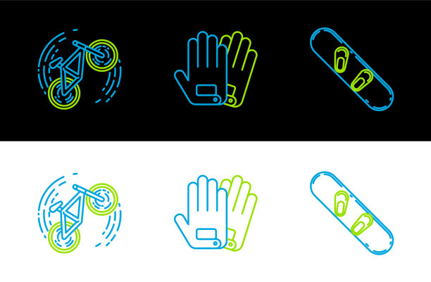 设置线滑雪自行车把戏和手套图标图片下载