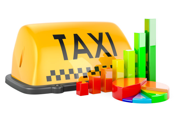 出租车招牌与增长条形图和饼图。三维渲染图片下载