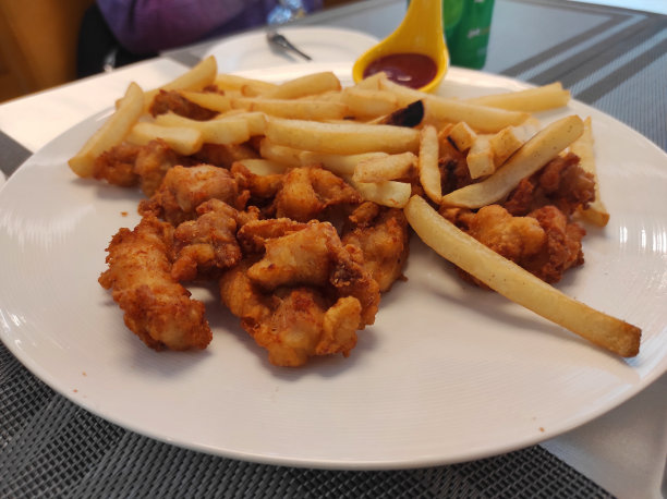 白盘子里的鸡肉和炸薯条图片下载