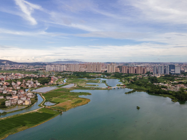 湿地公园和滨江城市鸟瞰图图片下载