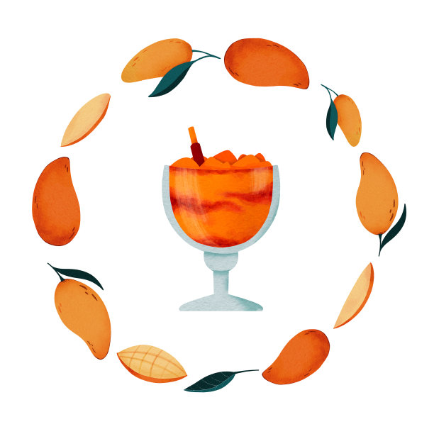 墨西哥鸡尾酒，圆框芒果冰沙，数码水彩印刷图片下载