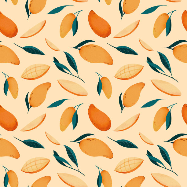 带叶子的黄色和橙色芒果。无缝模式。数字水彩图片下载