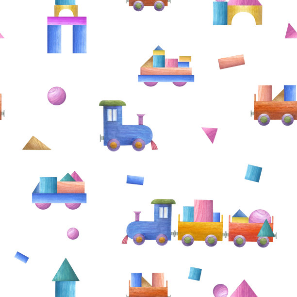 水彩无缝模式的儿童木制玩具-汽车，火车-孤立在白色背景。儿童手绘插图印刷，海报，装饰，墙纸，包装，织物，纺织品。图片下载