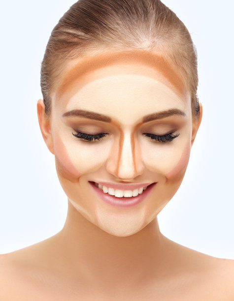 轮廓线。给女人化妆。轮廓和突出化妆。收集粉底液笔画在白色图片下载