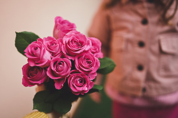 一个孩子送给母亲粉红色玫瑰的特写镜头。图片下载