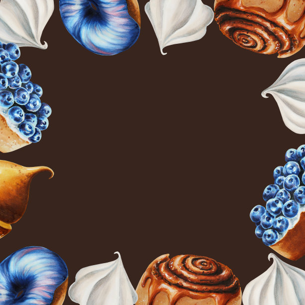 水彩画框配饼干，肉桂小面包蛋白酥，蓝莓馅饼，甜甜圈。手绘甜美的白色孤立的背景。为设计师，菜单，商店，酒吧，小酒馆，餐厅，明信片，包装纸，封面。海报及纺织品图片下载