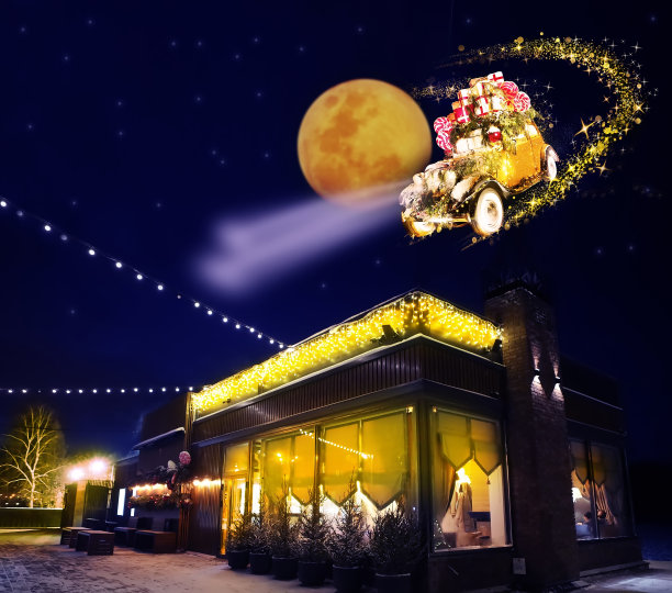 飞行圣诞车与礼物的夜晚背景。图片下载