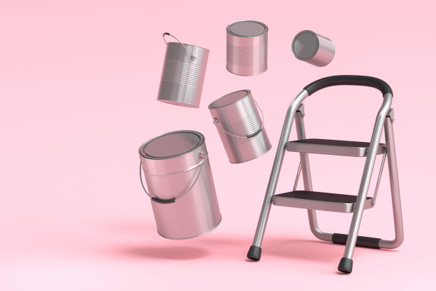 一套金属罐或桶油漆与折叠梯子在粉红色的背景。图片下载