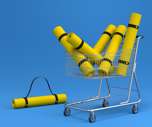 运动器材，如瑜伽垫健身在购物车上的蓝色图片下载