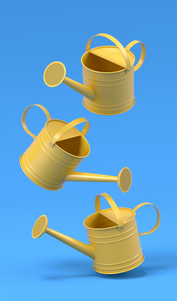 一套蓝色背景的浇水罐。三维渲染的园艺设备工具图片下载