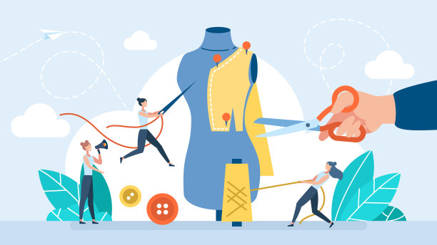 小人和人体模型。在人体模型上试穿衣服。缝制衣服的过程。时装设计师，裁缝，女裁缝，缝纫车间，课程，剪裁概念。平面矢量图图片下载