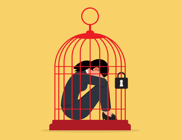 抑郁和绝望的概念，工作压力。女商人被关在鸟笼里。图片下载