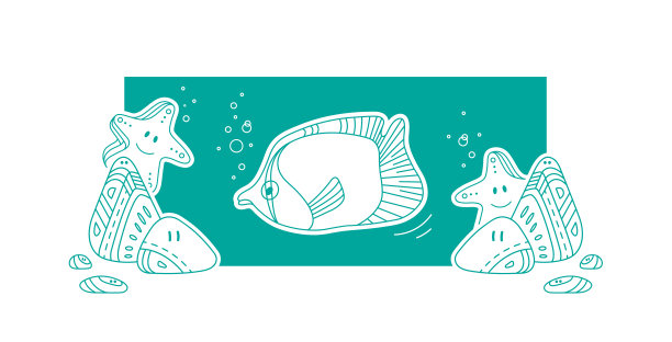 海报上有有趣的鱼，海星和岩石。图片下载