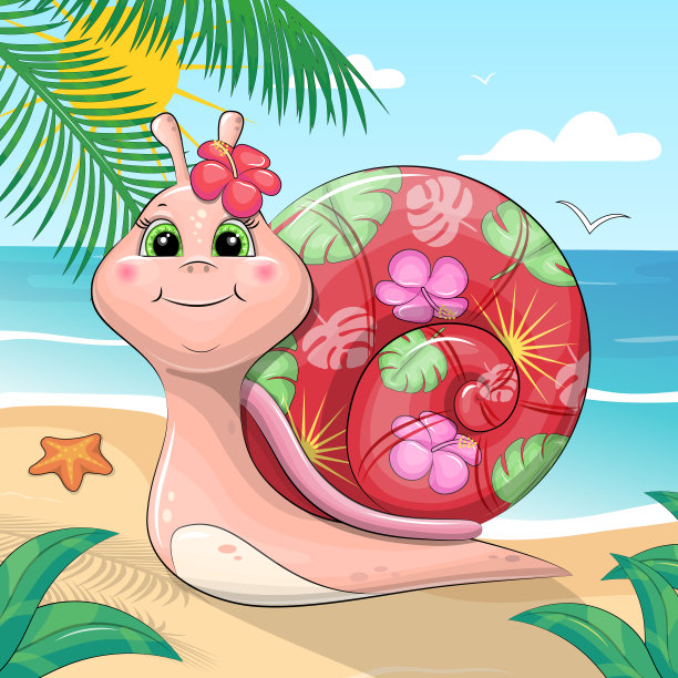 可爱的卡通蜗牛与夏威夷壳。图片下载