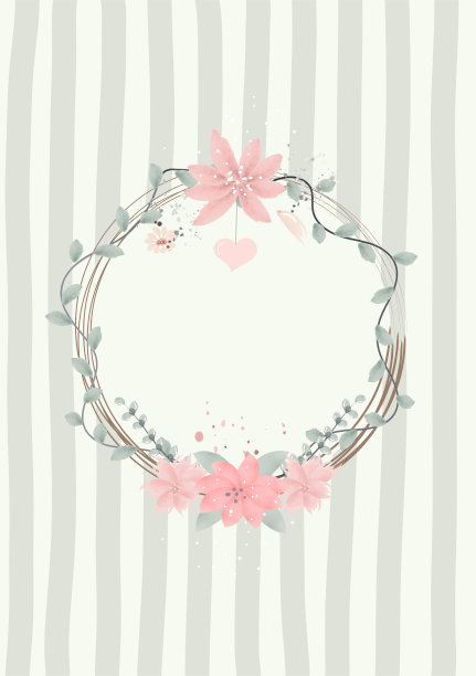 用水彩笔刷画的花和叶子的圆形框架的明信片图片下载