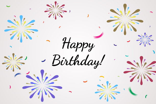 生日快乐!文字与彩色烟花彩带与五彩纸屑。抽象横幅墙纸横幅。庆祝派对背景模板。向量图片下载
