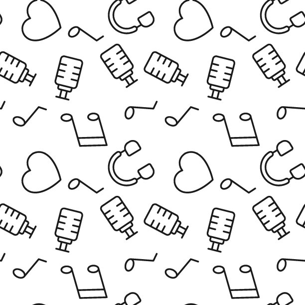 无缝重复单色图案的麦克风，心脏，耳机，音符。完美的网站，应用程序，商店，背景，壁纸图片下载